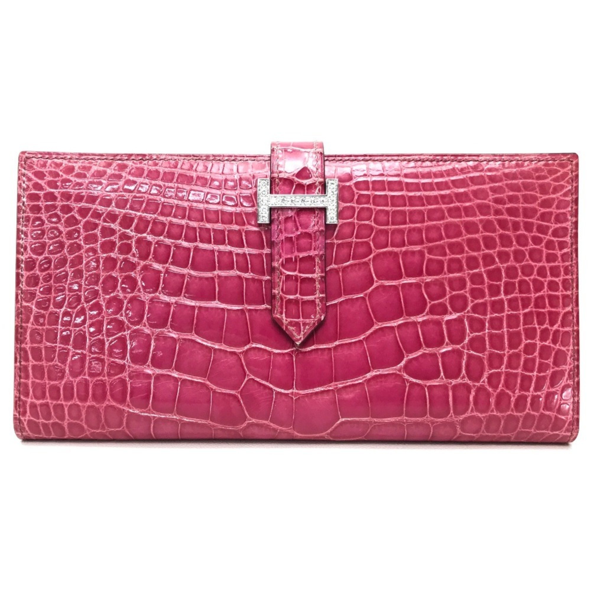 HERMES Bearn Soufflet Diamond Bi-fold Long Wallet K18WG Women's Fuchsia Pink