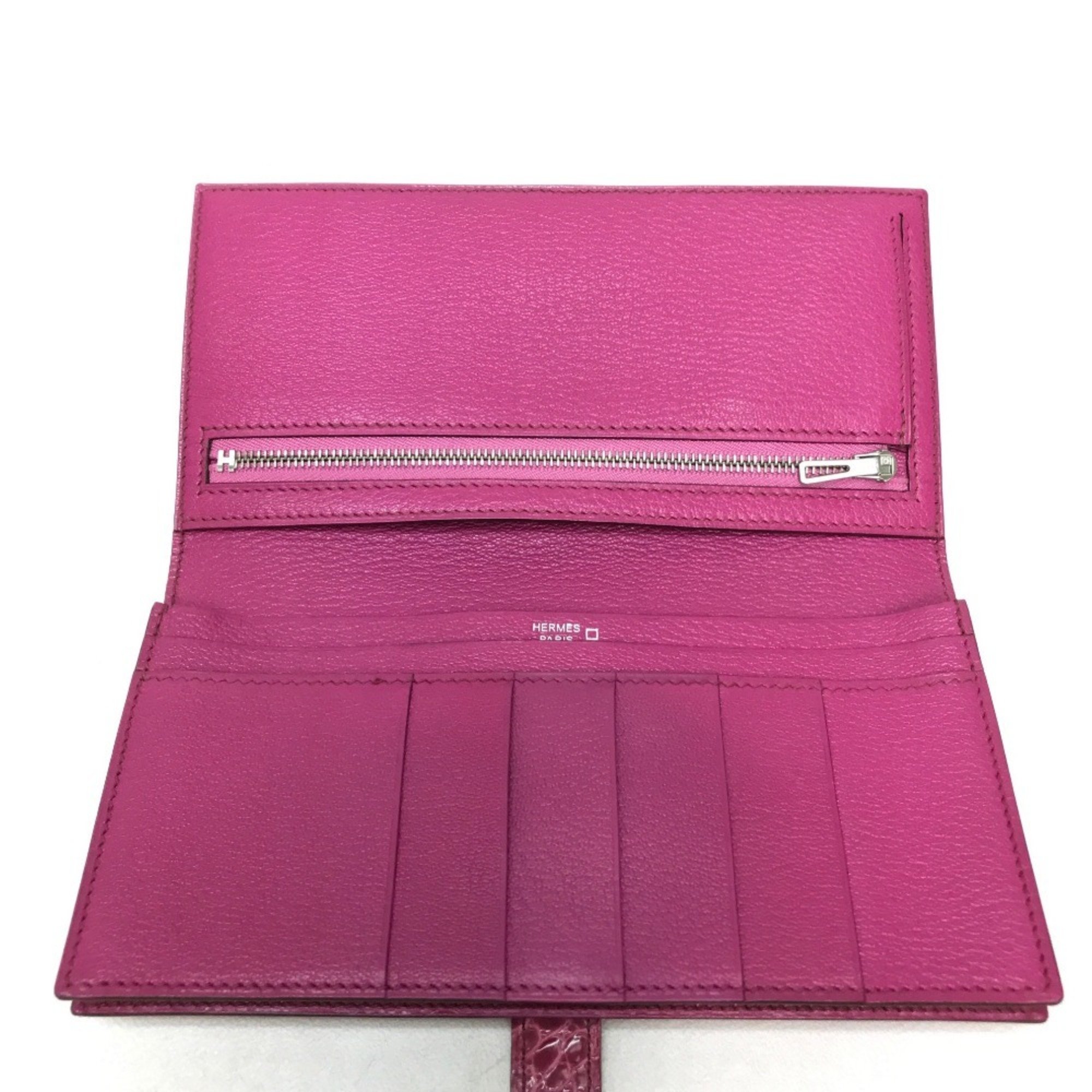 HERMES Bearn Soufflet Diamond Bi-fold Long Wallet K18WG Women's Fuchsia Pink