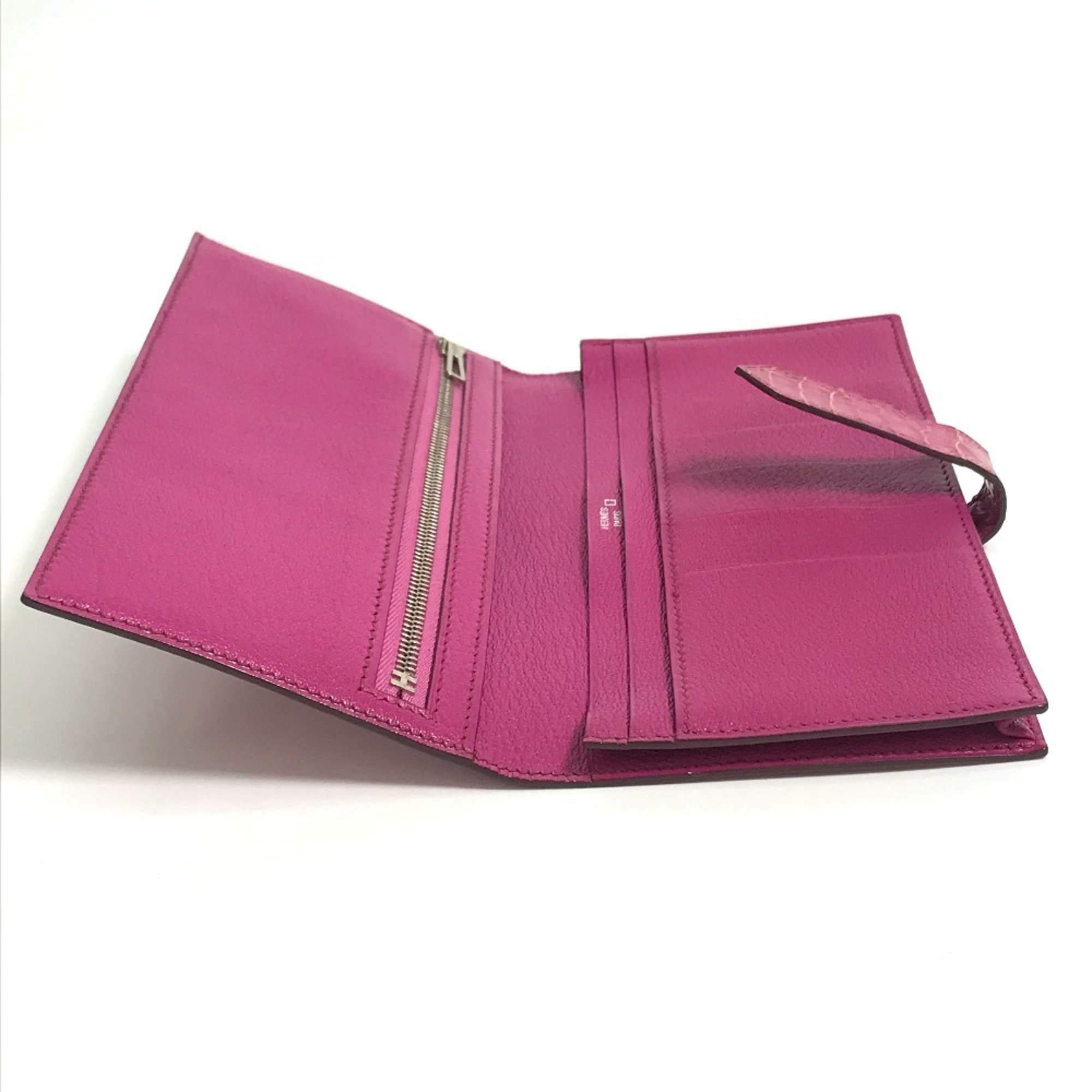 HERMES Bearn Soufflet Diamond Bi-fold Long Wallet K18WG Women's Fuchsia Pink