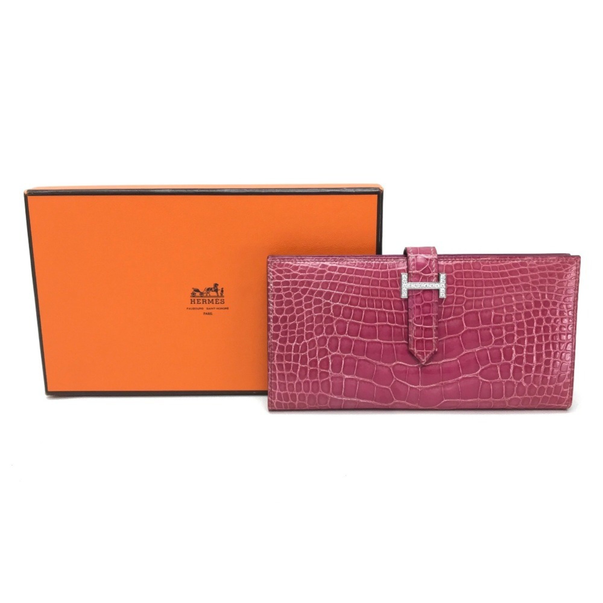 HERMES Bearn Soufflet Diamond Bi-fold Long Wallet K18WG Women's Fuchsia Pink