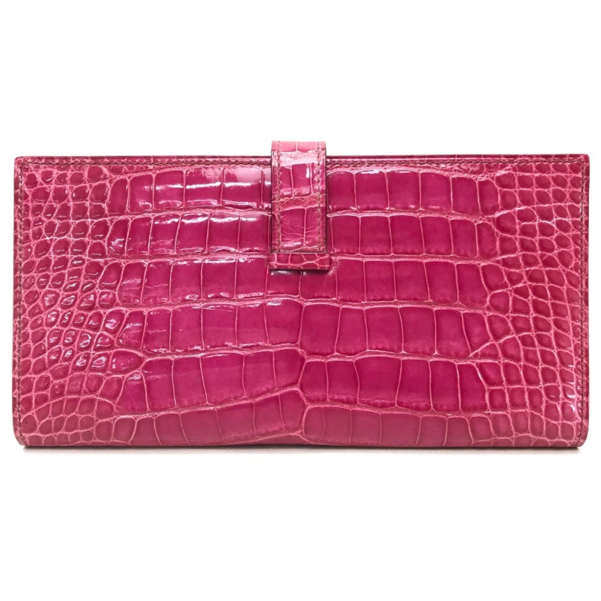 HERMES Bearn Soufflet Diamond Bi-fold Long Wallet K18WG Women's Fuchsia Pink