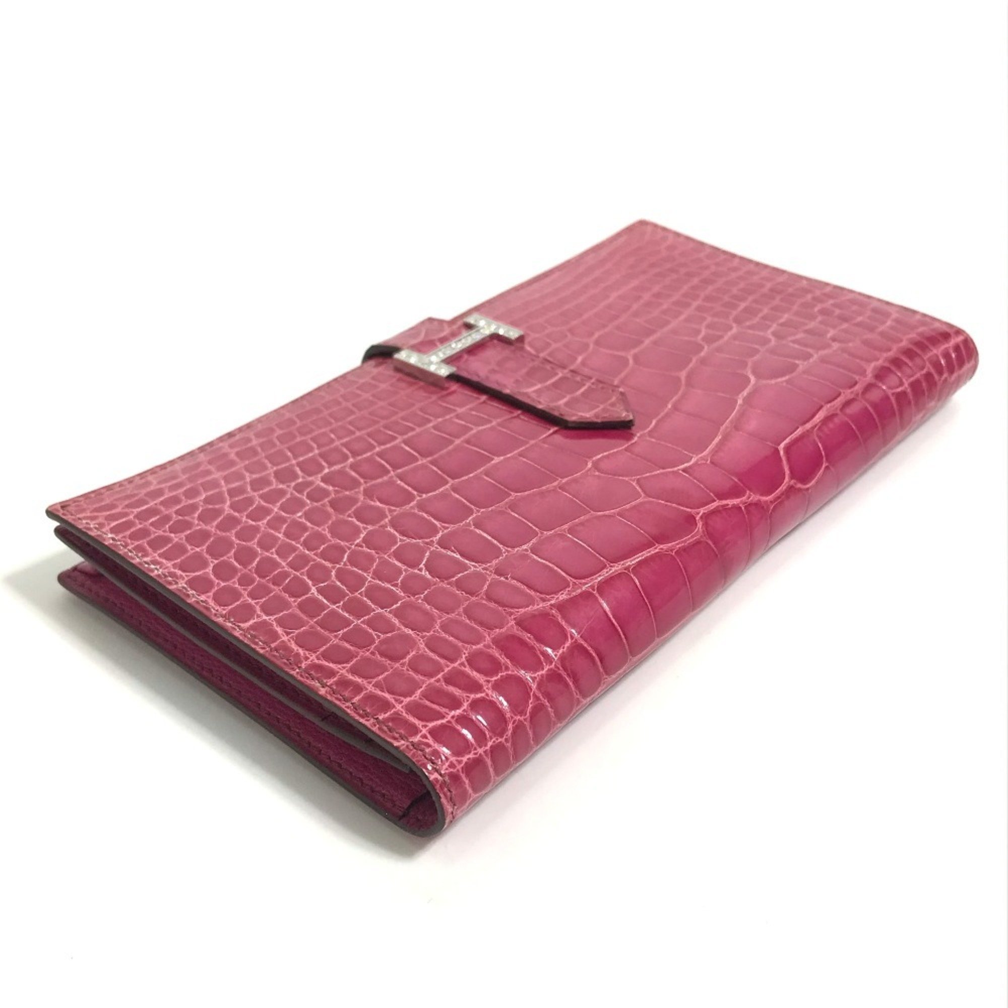 HERMES Bearn Soufflet Diamond Bi-fold Long Wallet K18WG Women's Fuchsia Pink