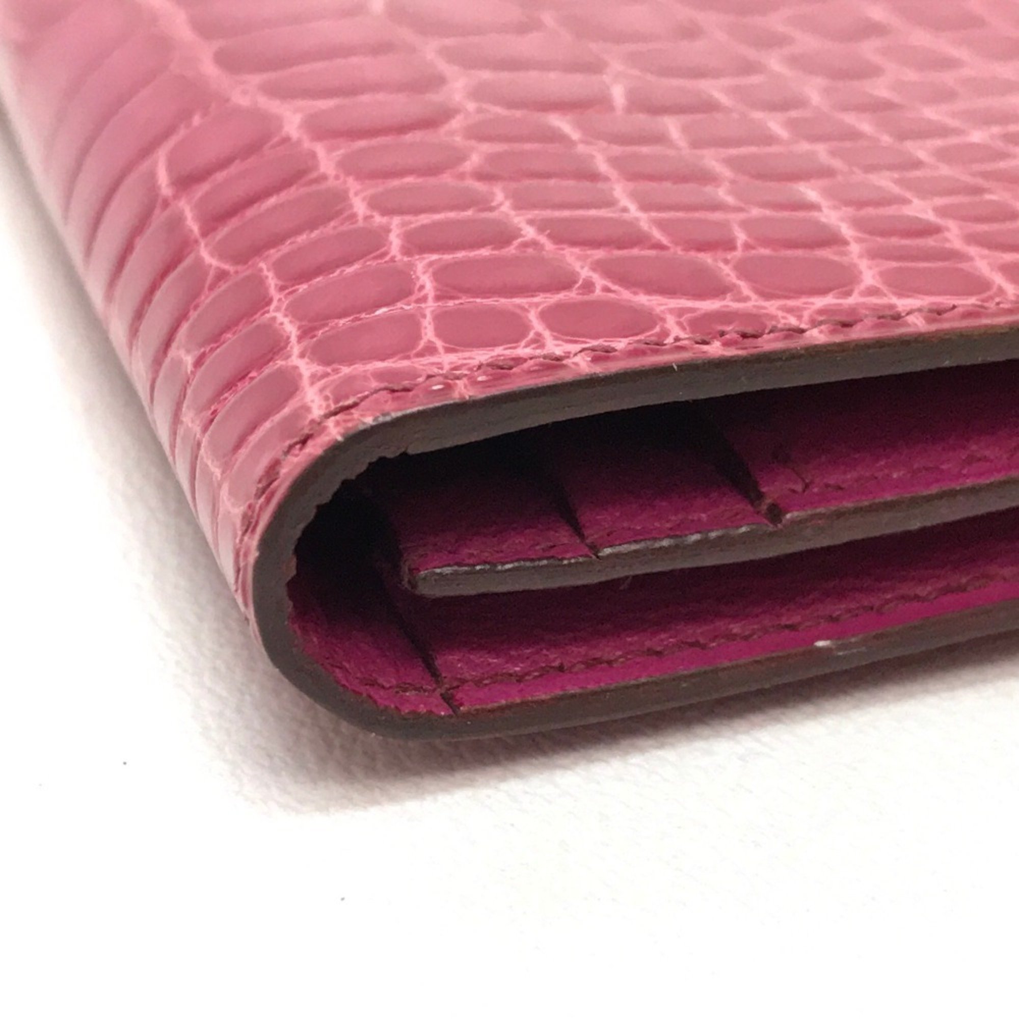 HERMES Bearn Soufflet Diamond Bi-fold Long Wallet K18WG Women's Fuchsia Pink