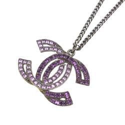 Chanel Necklace Coco Mark Rhinestone Gunmetal Gray Purple 16C Women's