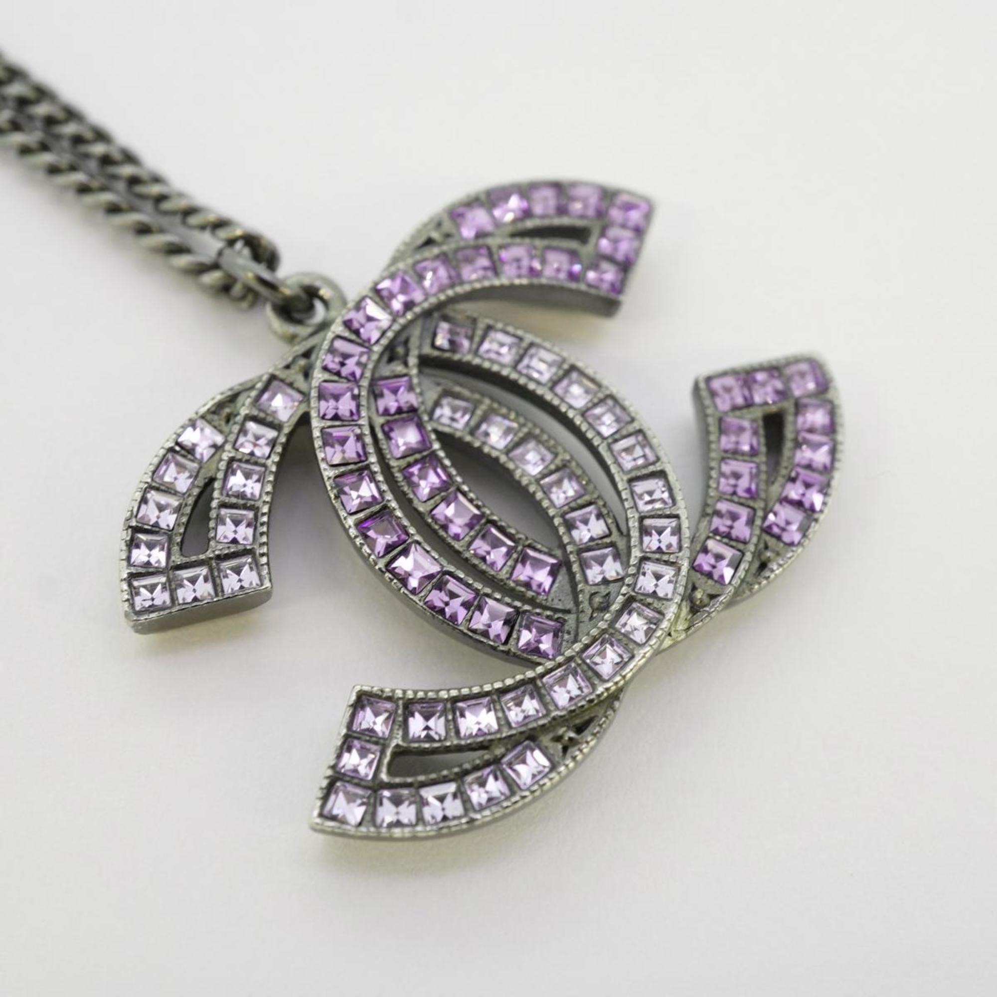 Chanel Necklace Coco Mark Rhinestone Gunmetal Gray Purple 16C Women's