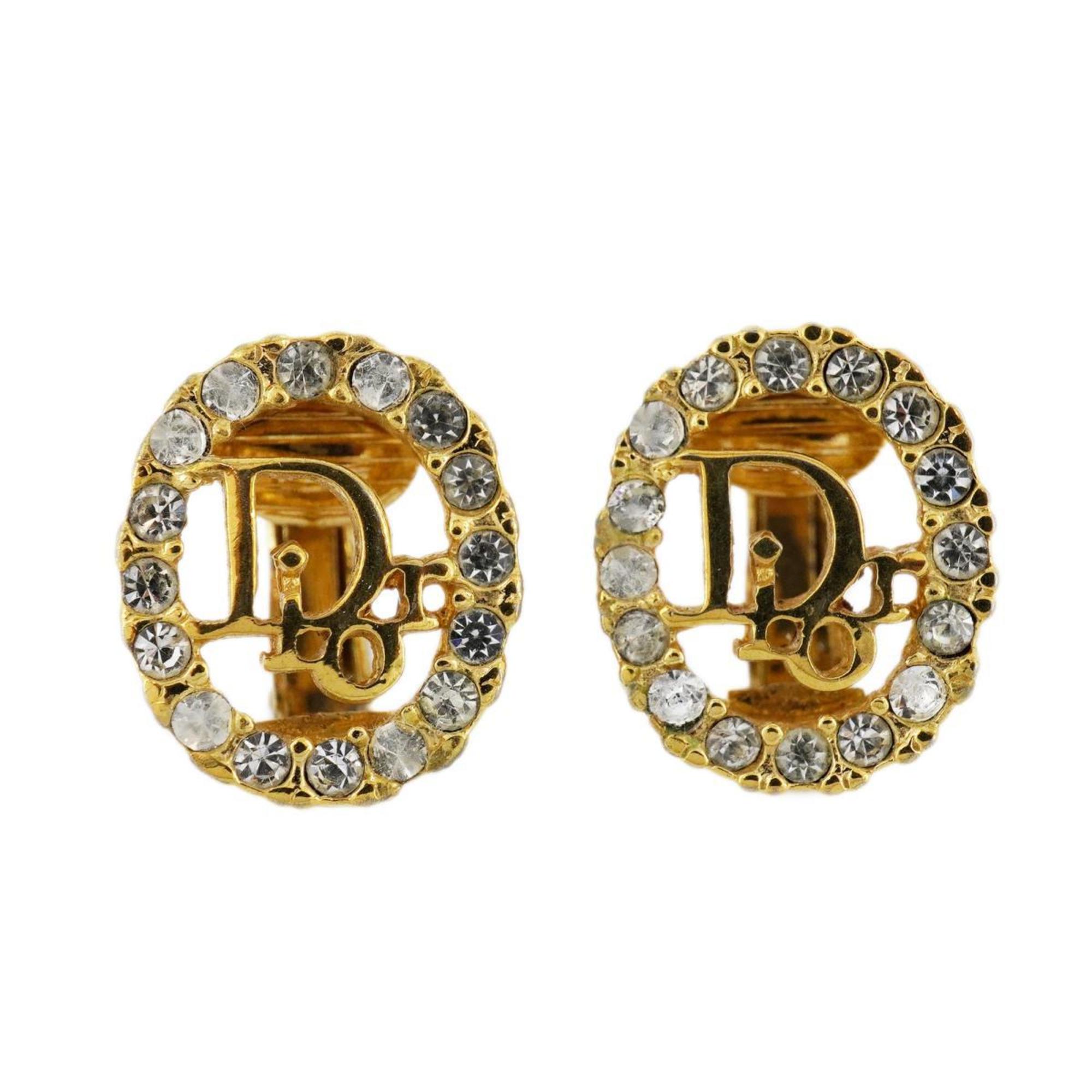 Christian Dior Earrings Oval Rhinestone GP Plated Gold Women's