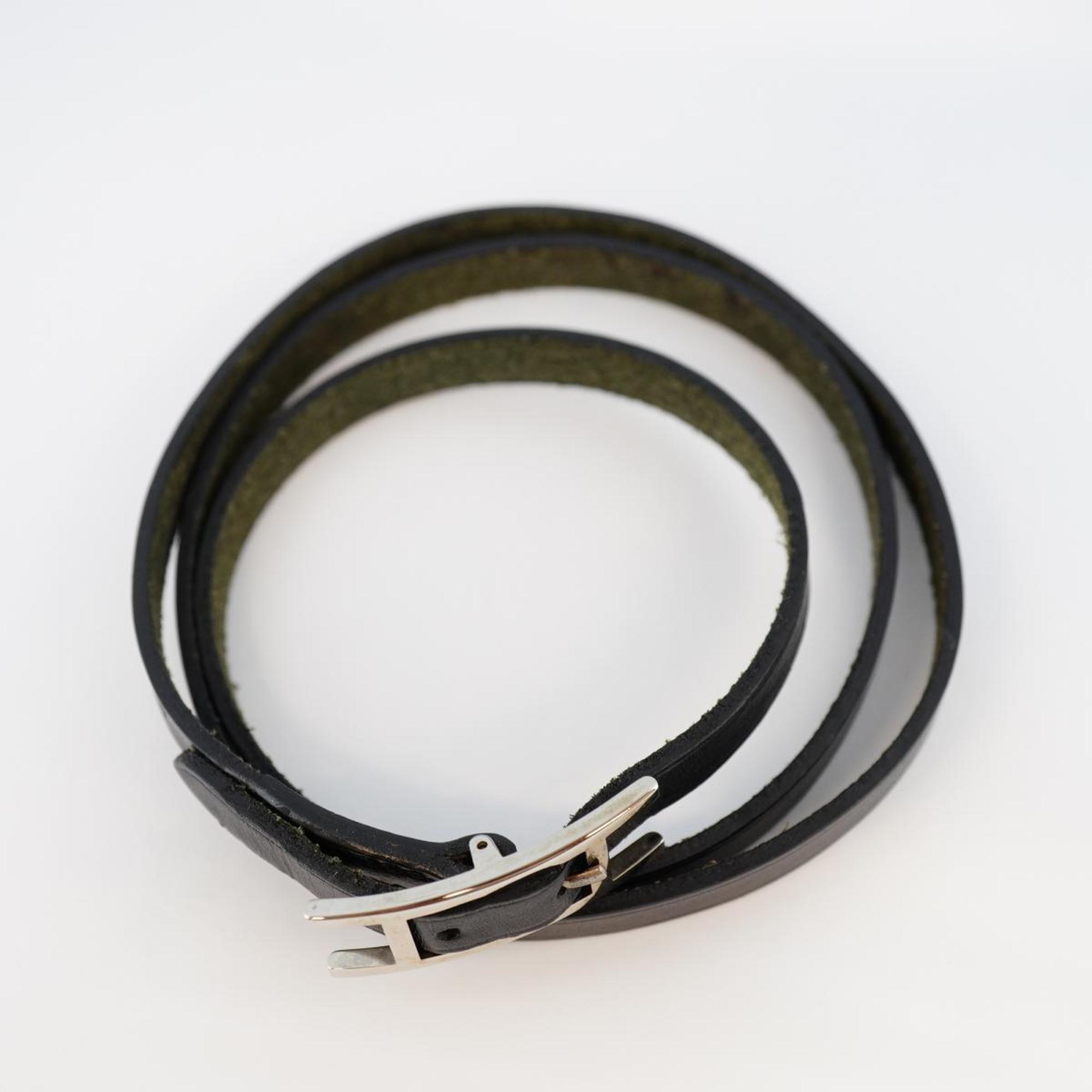 Hermes Bracelet API3 □F Engraved Metal Material Leather Silver Black Men's Women's