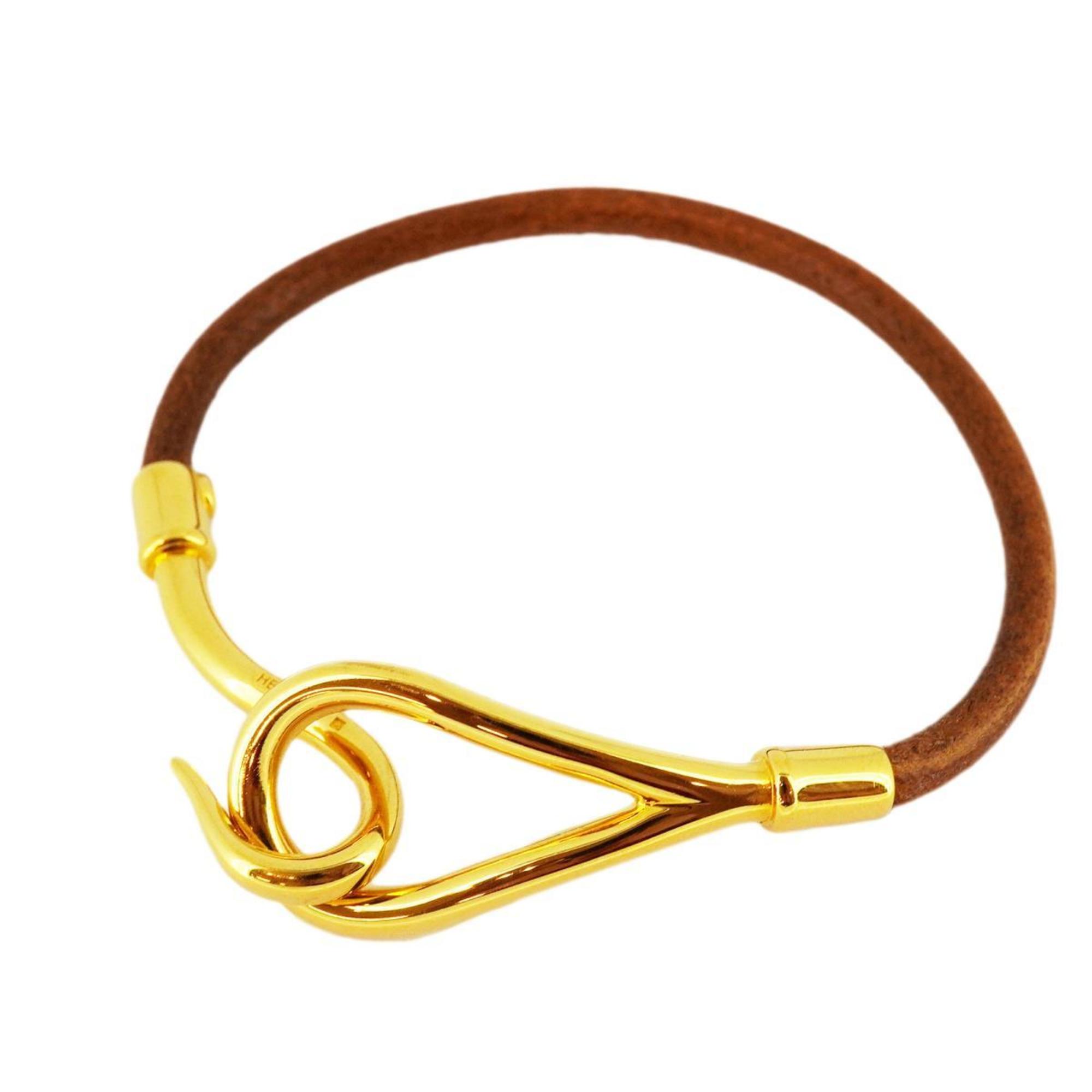 Hermes Bracelet Jumbo Hook GP Plated Leather Gold Brown Women's