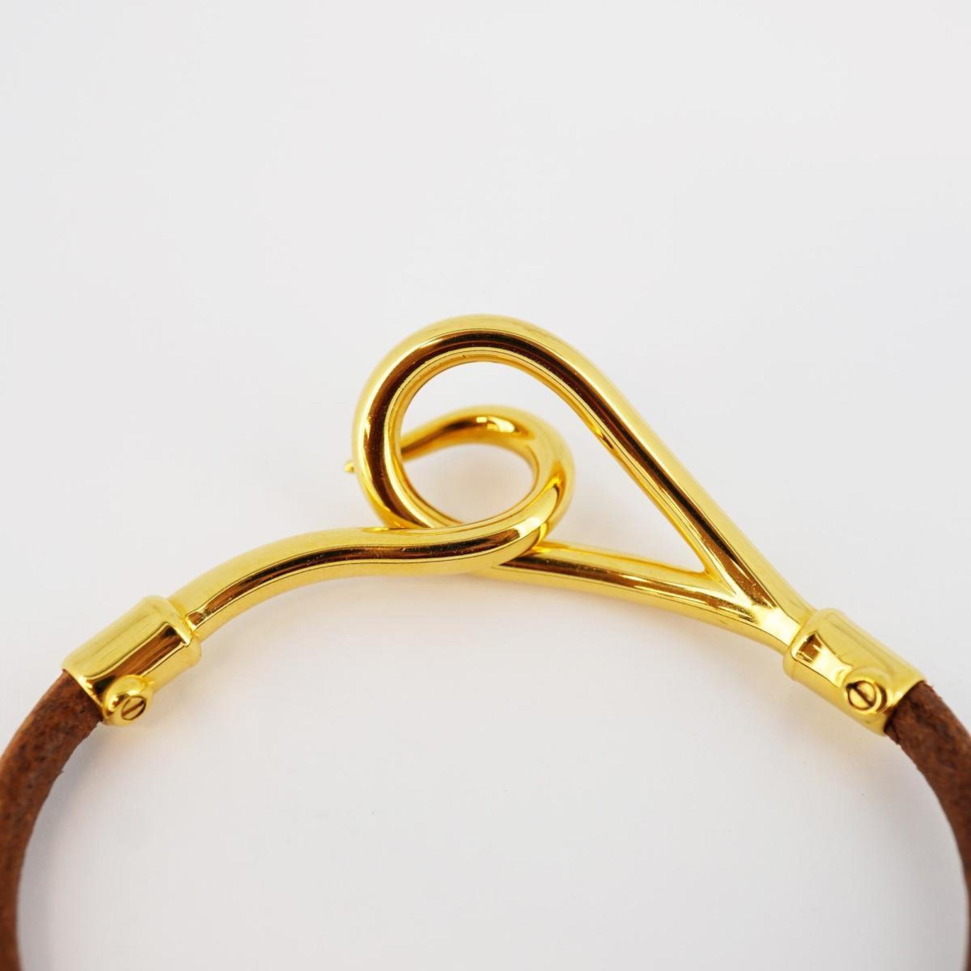 Hermes Bracelet Jumbo Hook GP Plated Leather Gold Brown Women's