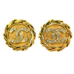 Chanel Earrings Coco Mark Circle Rhinestone GP Plated Gold Women's