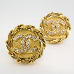 Chanel Earrings Coco Mark Circle Rhinestone GP Plated Gold Women's