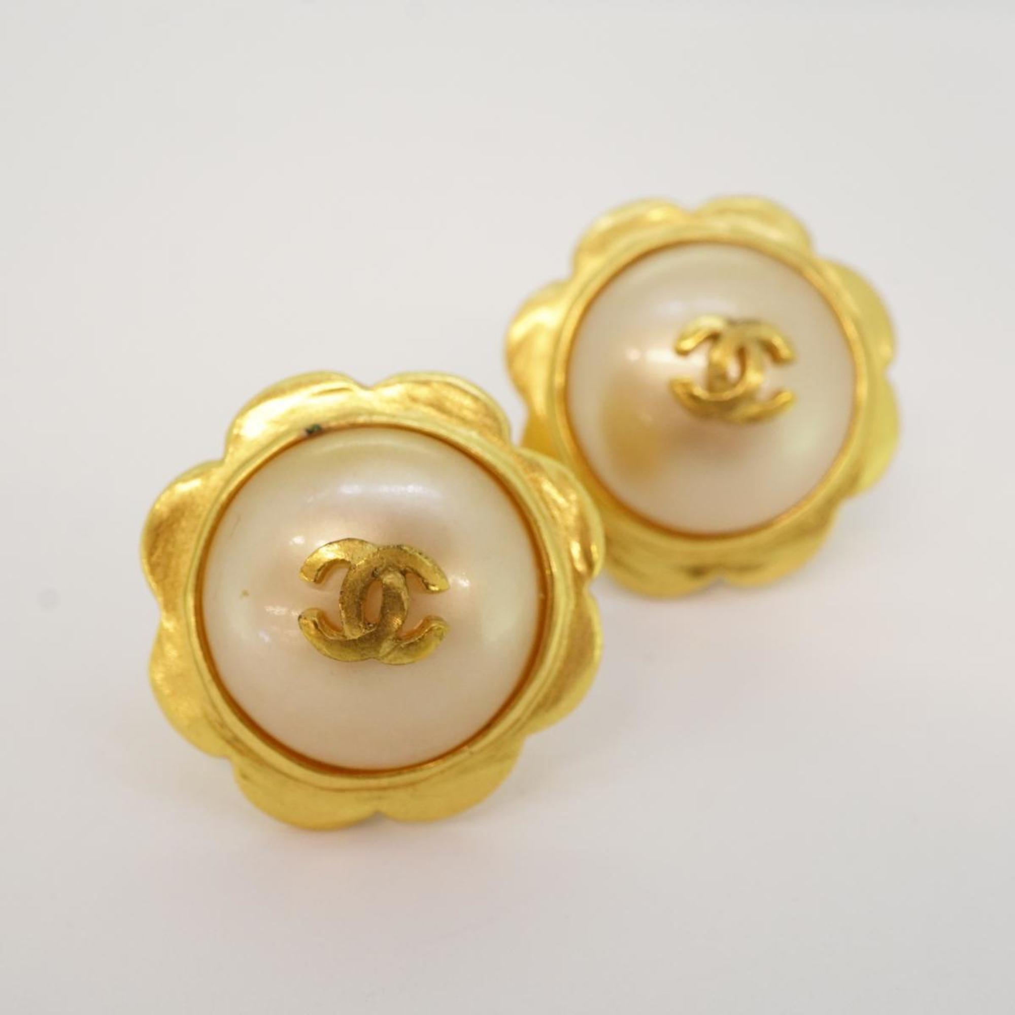 Chanel Earrings Coco Mark Fake Pearl GP Plated Gold 97P Women's