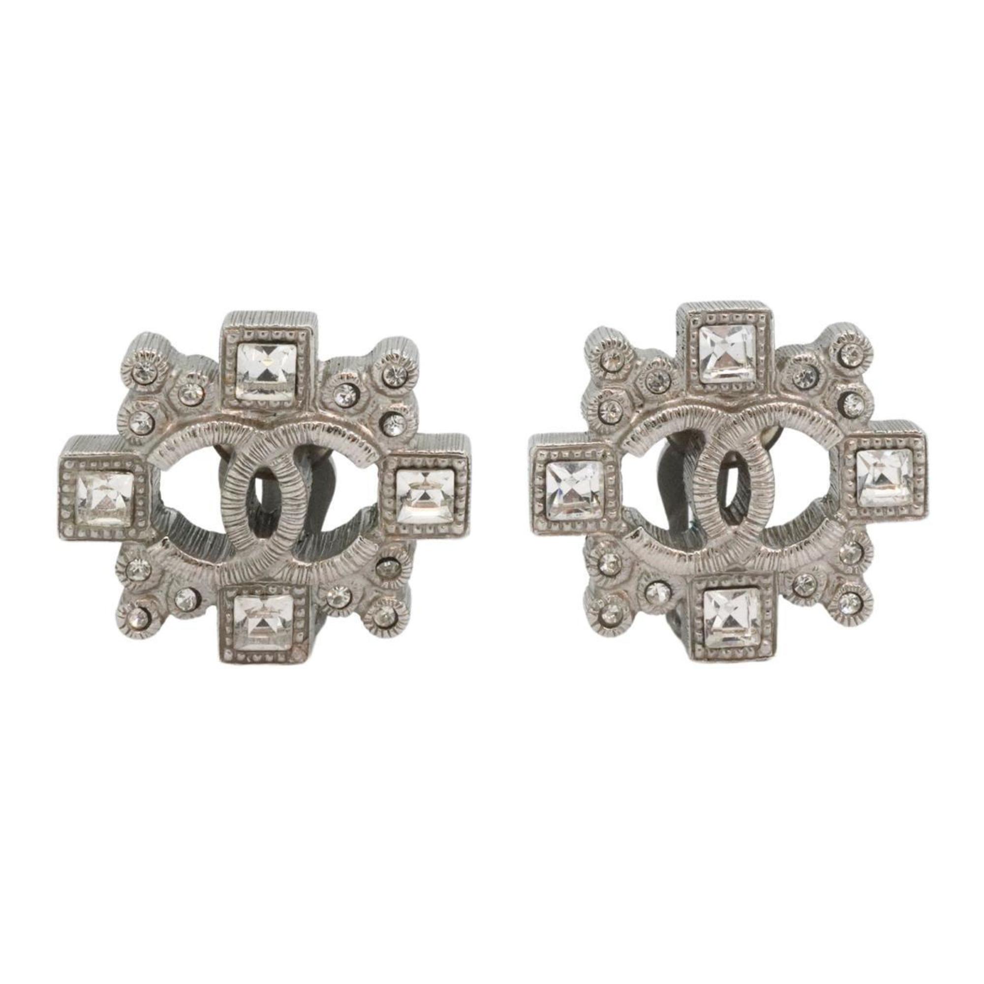 Chanel Earrings Coco Mark Rhinestone Metal Silver B15B Women's