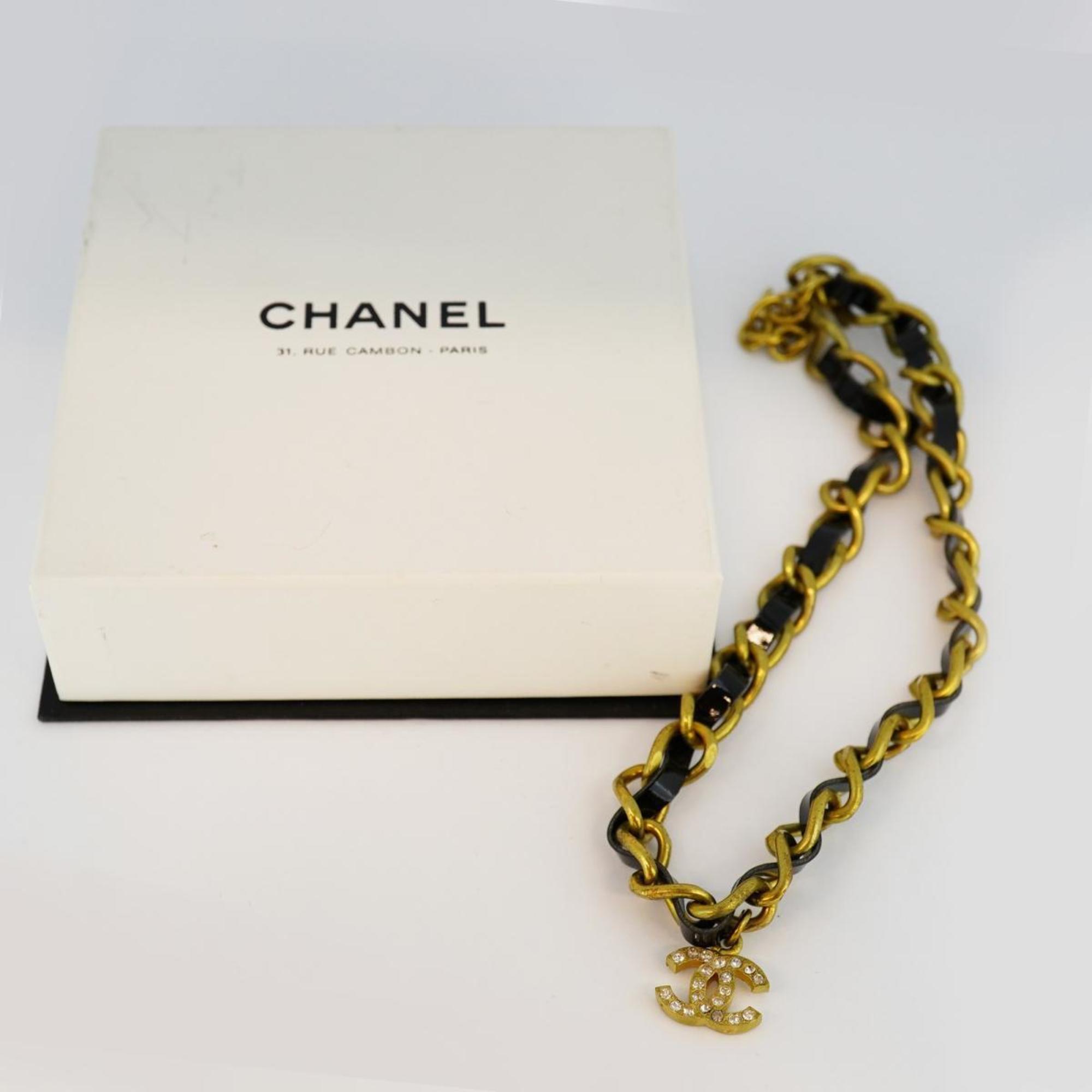 Chanel Necklace Coco Mark Rhinestone GP Plated Leather Gold Black 95P Women's