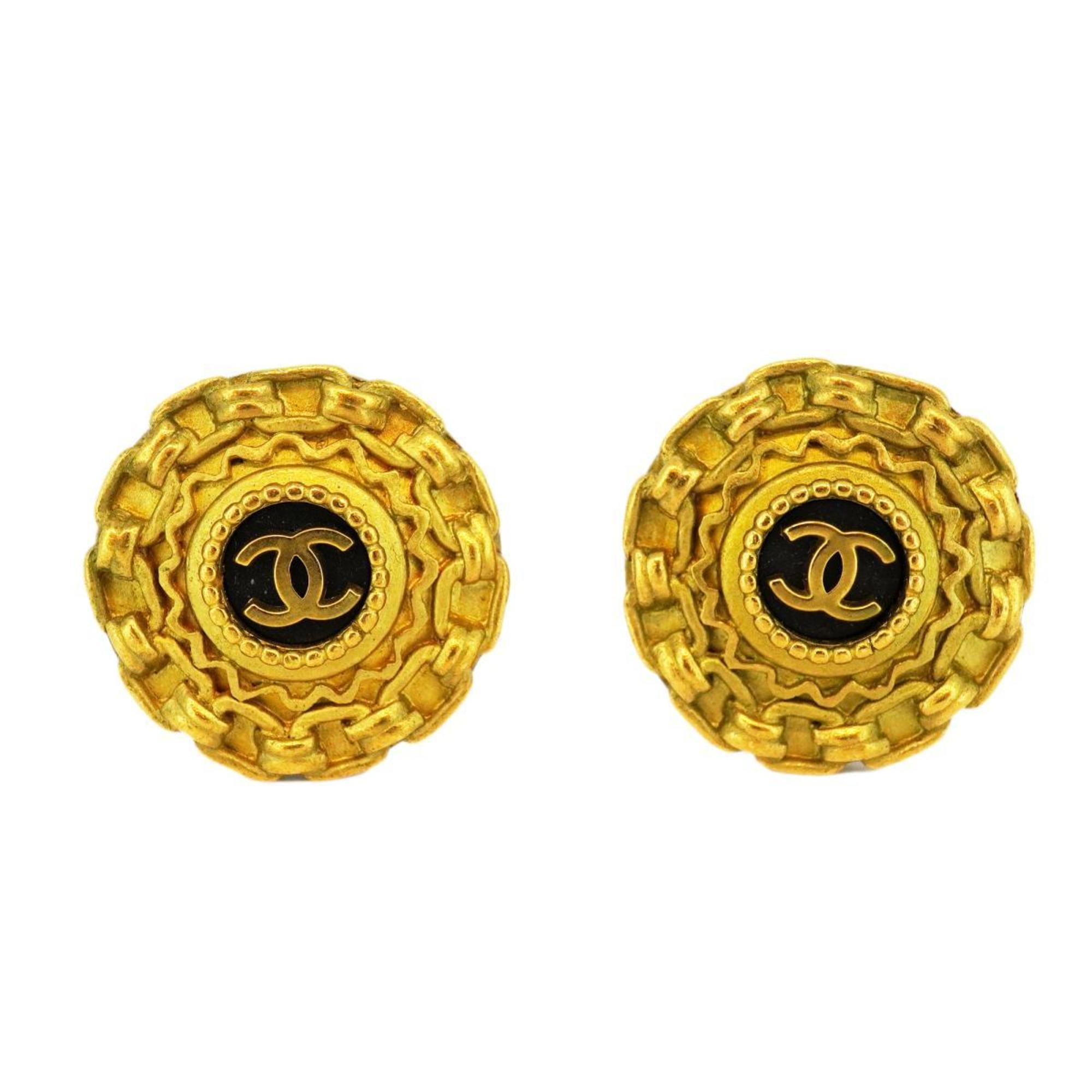 Chanel Earrings Coco Mark Circle GP Plated Gold Black 94A Women's