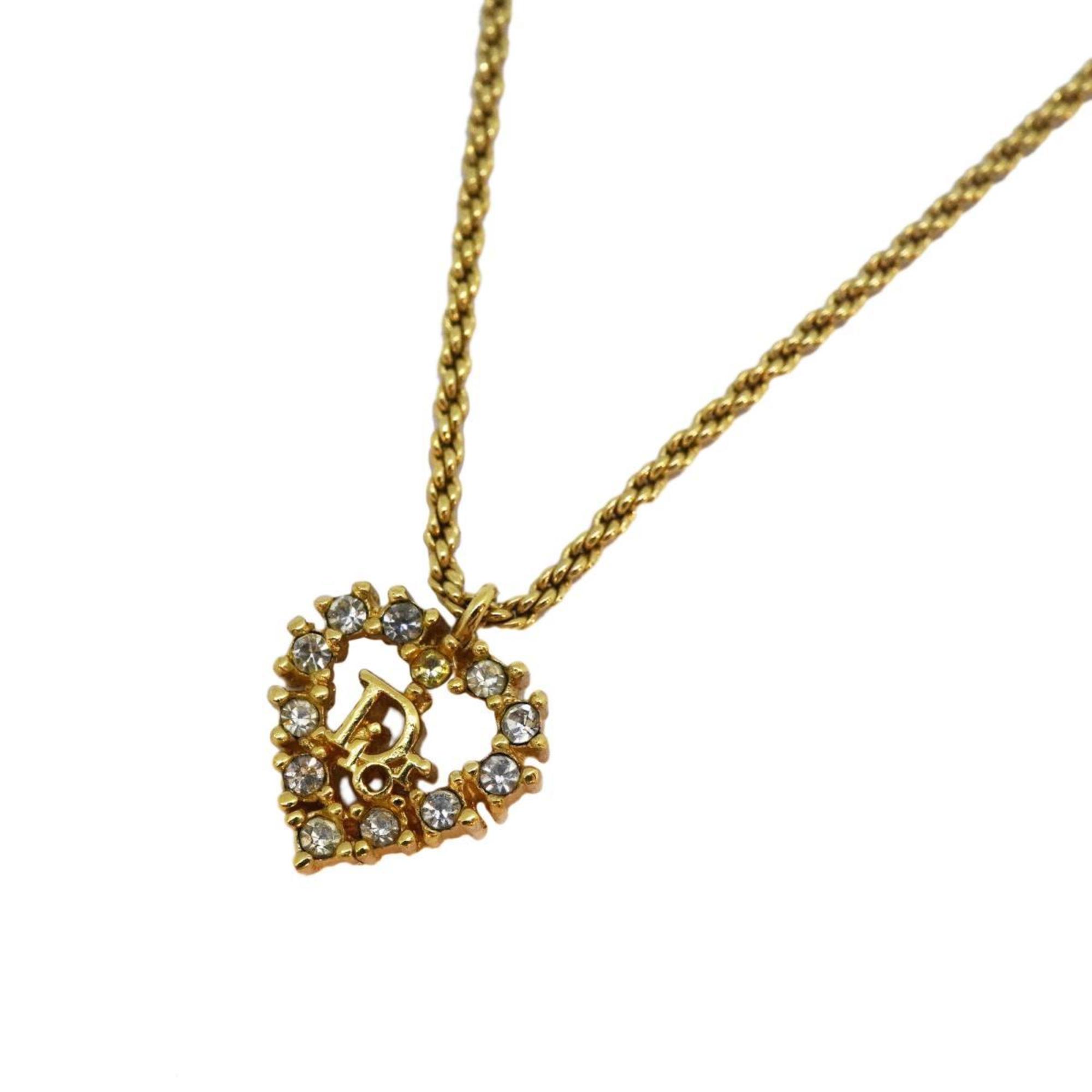 Christian Dior Necklace Heart Motif Rhinestone GP Plated Gold Women's