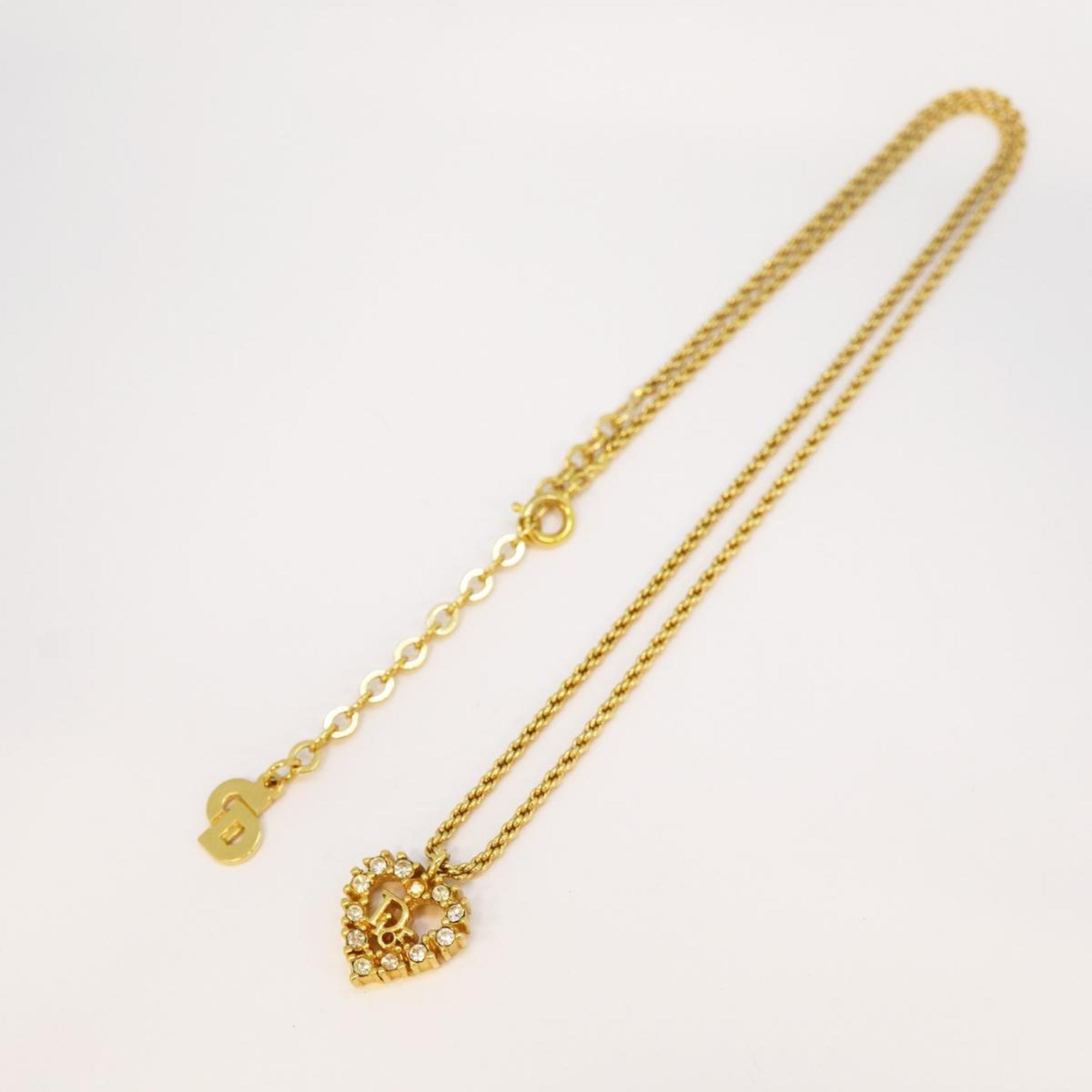 Christian Dior Necklace Heart Motif Rhinestone GP Plated Gold Women's