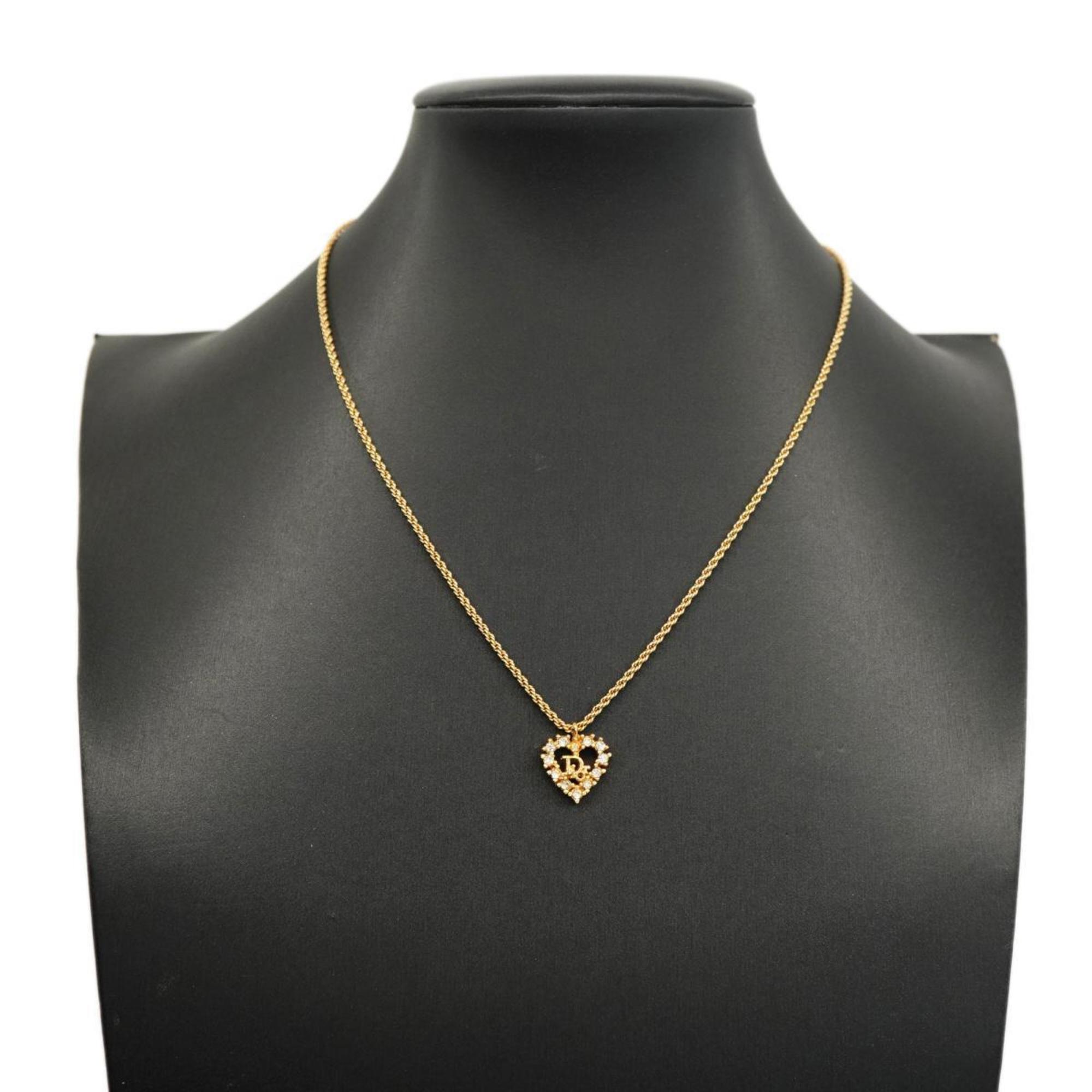 Christian Dior Necklace Heart Motif Rhinestone GP Plated Gold Women's