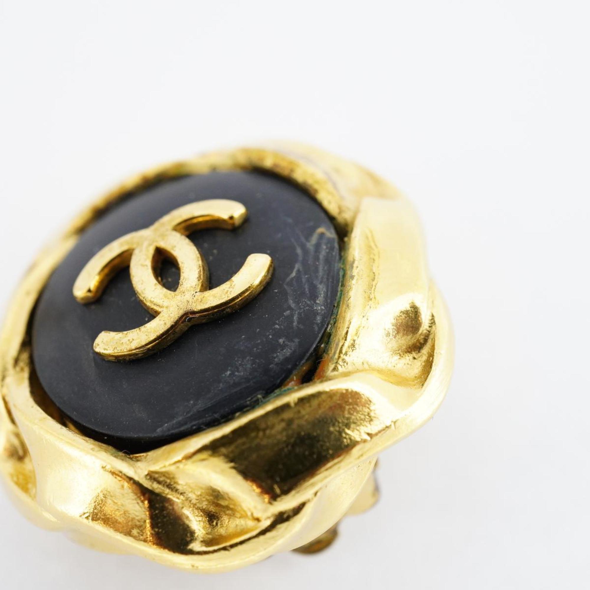 Chanel Earrings Coco Mark Circle GP Plated Gold Black 96P Women's