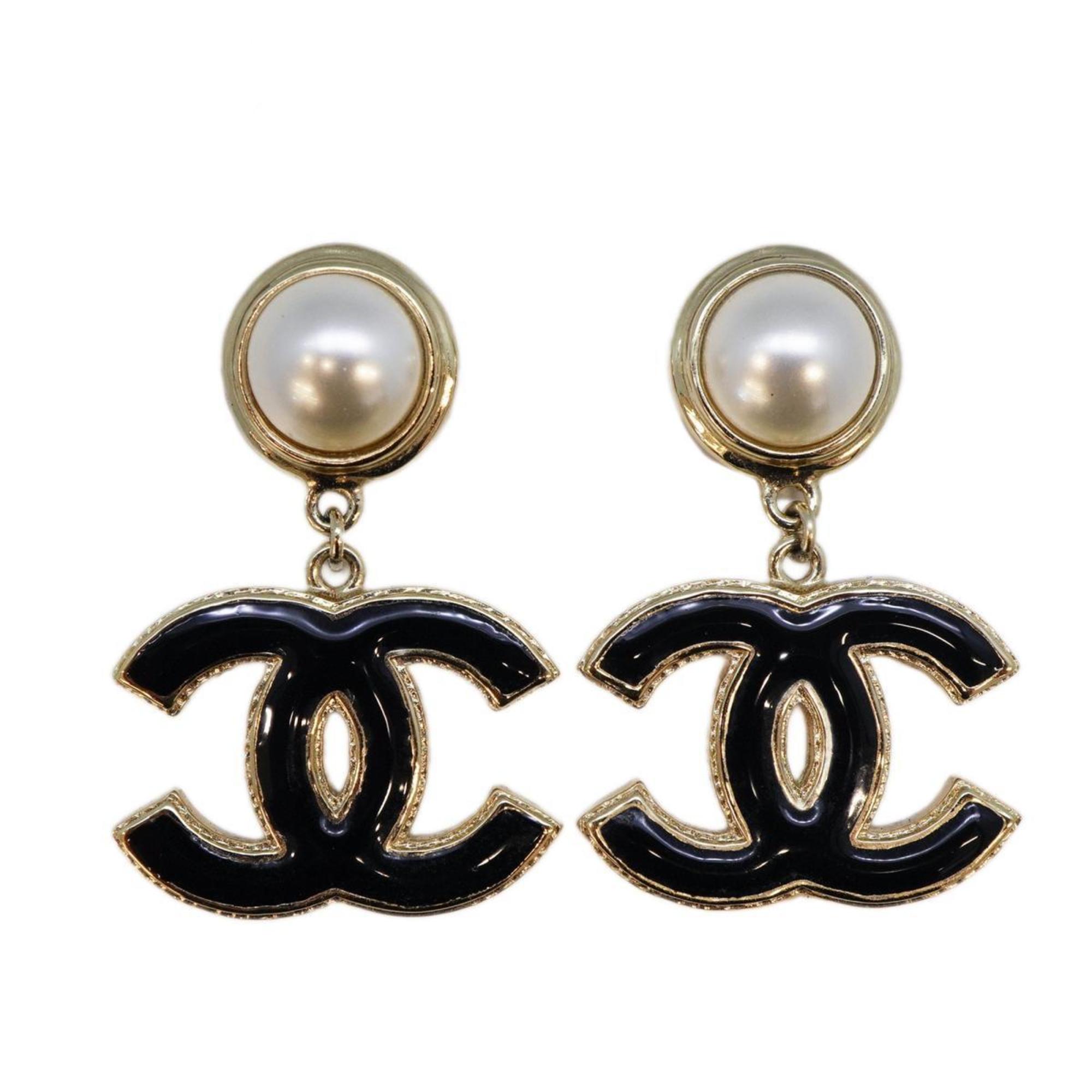 Chanel Earrings Coco Mark Fake Pearl GP Plated Champagne Gold Black B22A Women's