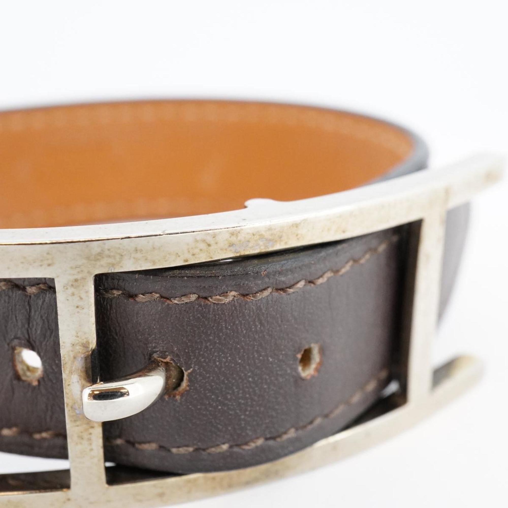 Hermes bracelet API □K stamp metal material leather silver brown men's women's