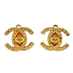 Chanel Earrings Turn Lock Rhinestone GP Plated Gold 96A Women's