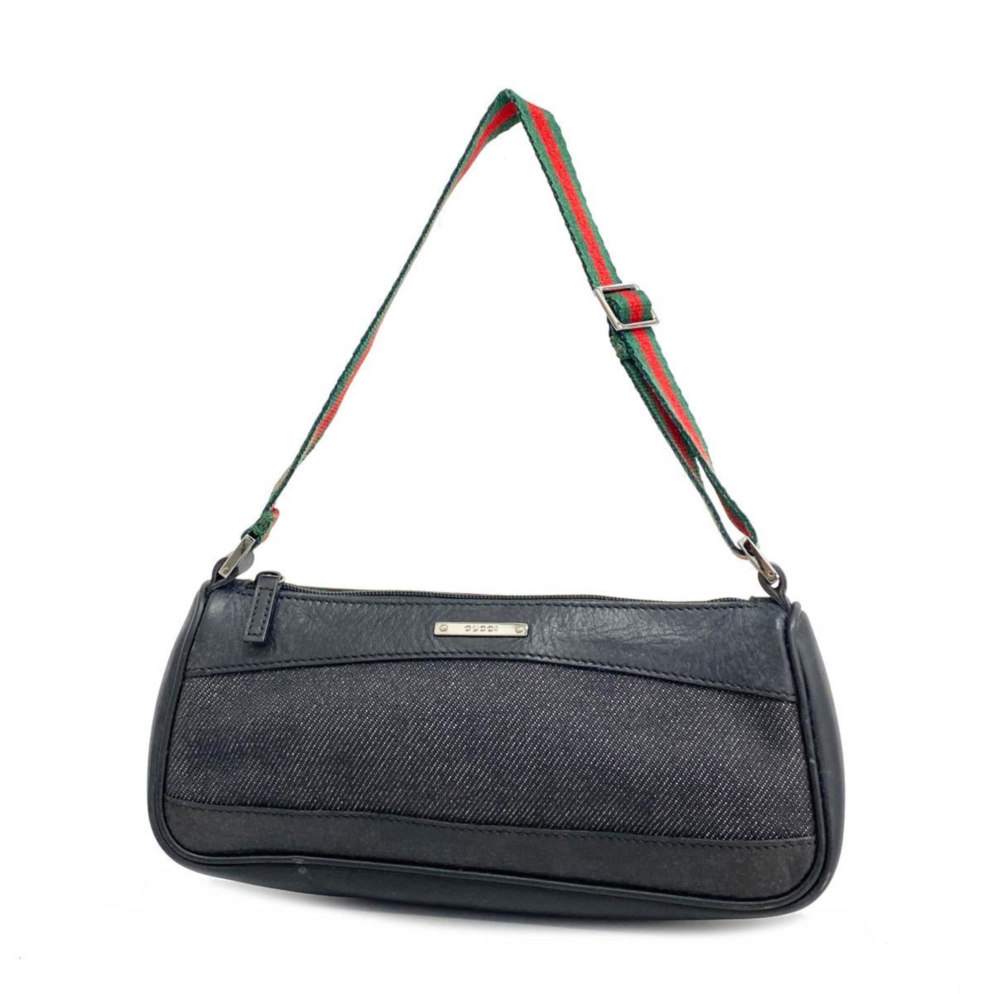 Gucci Pouch Sherry Line 92820 Denim Leather Black Women's