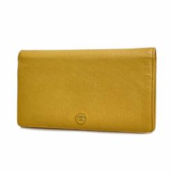 Chanel Long Wallet Coco Button Leather Beige Women's