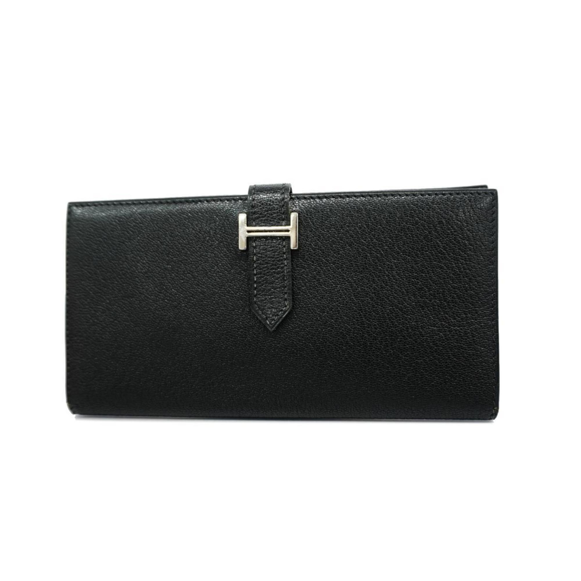 Hermes Long Wallet Bearn H Stamp Chevre Black Men's Women's