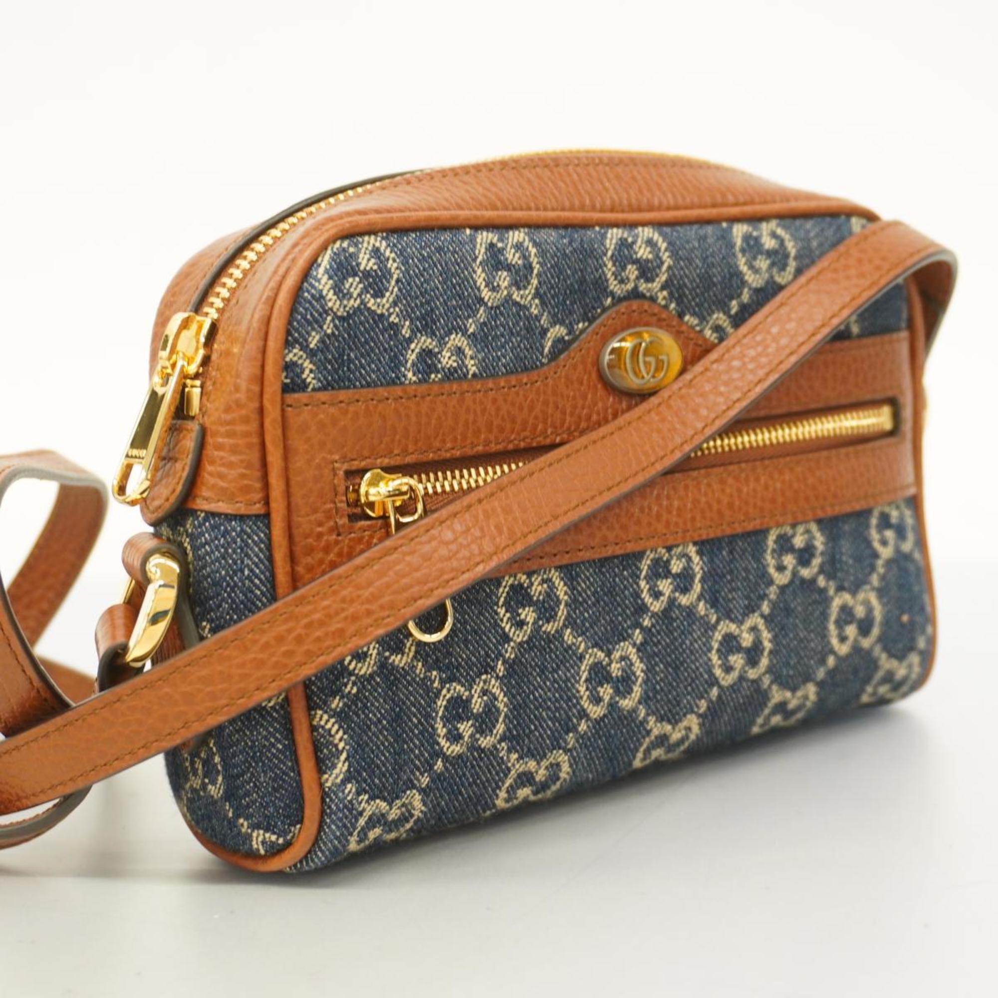 Gucci Shoulder Bag GG Denim 517350 Leather Navy Brown Women's