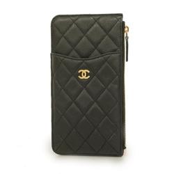 Chanel Long Wallet Matelasse Caviar Skin Black Champagne Women's