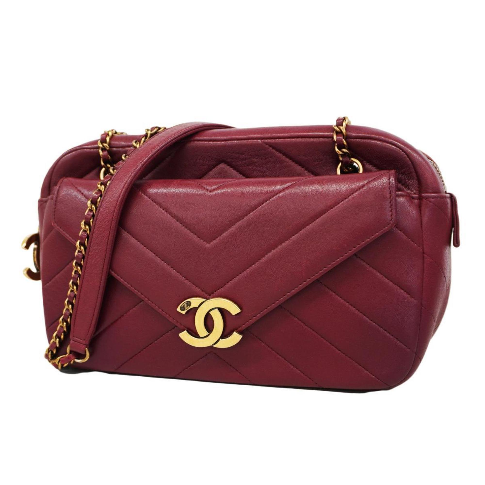 Chanel Shoulder Bag V Stitch W Chain Lambskin Bordeaux Women's