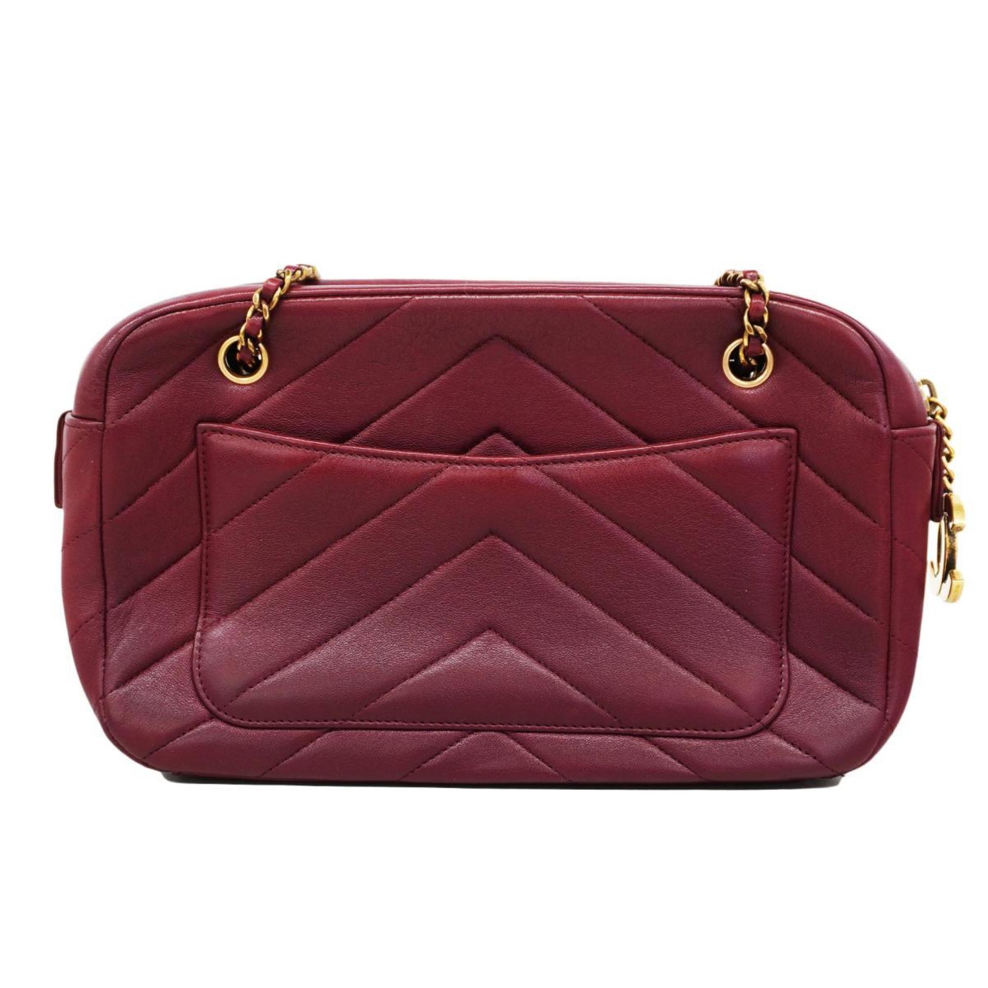 Chanel Shoulder Bag V Stitch W Chain Lambskin Bordeaux Women's