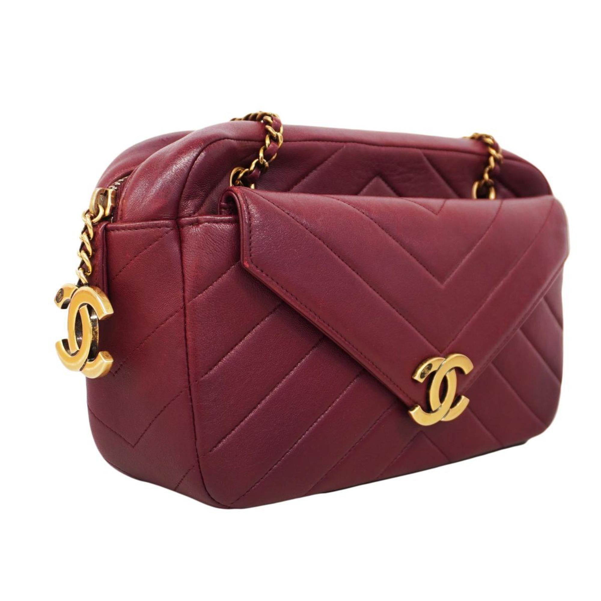 Chanel Shoulder Bag V Stitch W Chain Lambskin Bordeaux Women's