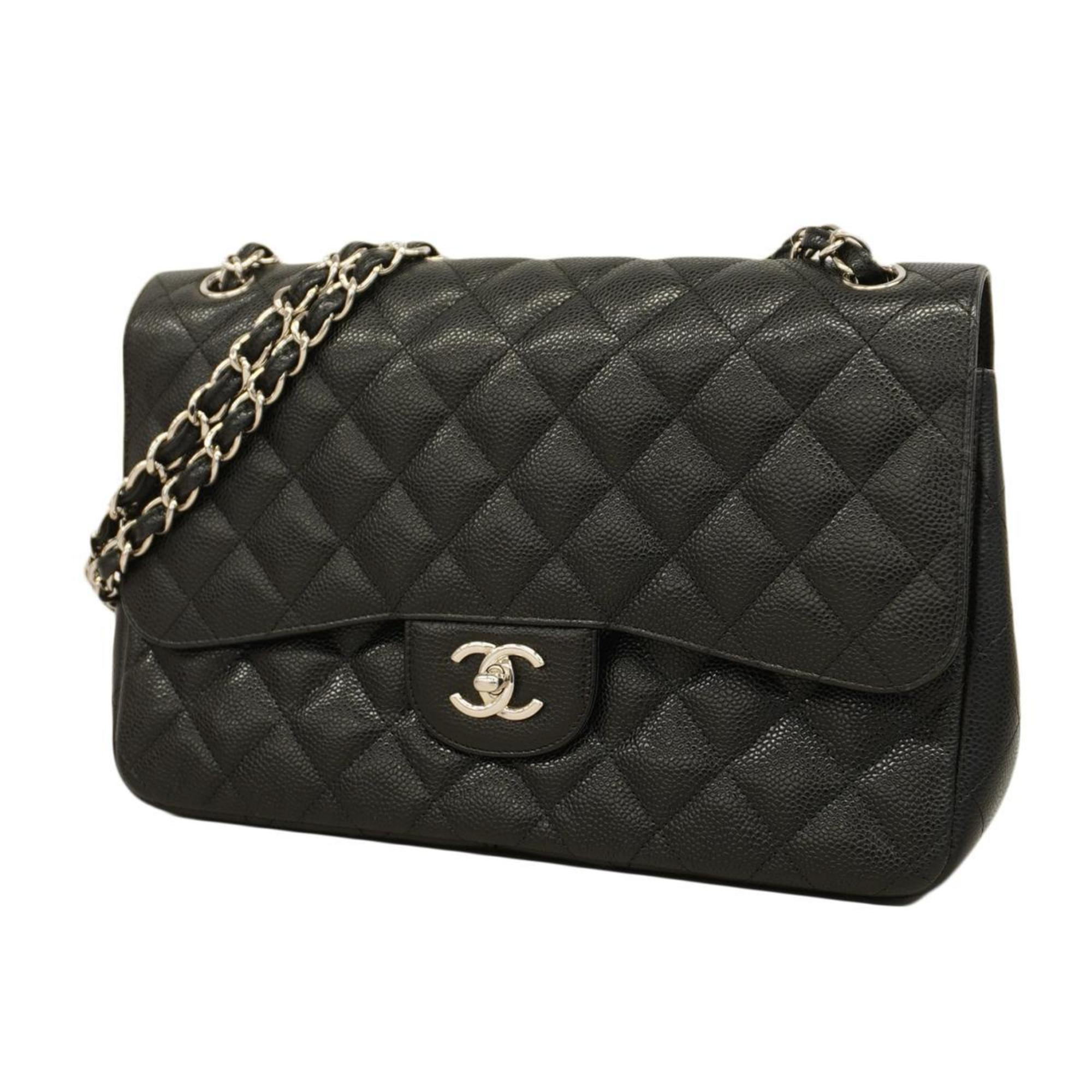 Chanel Shoulder Bag Deca Matelasse W Flap Chain Caviar Skin Black Women's