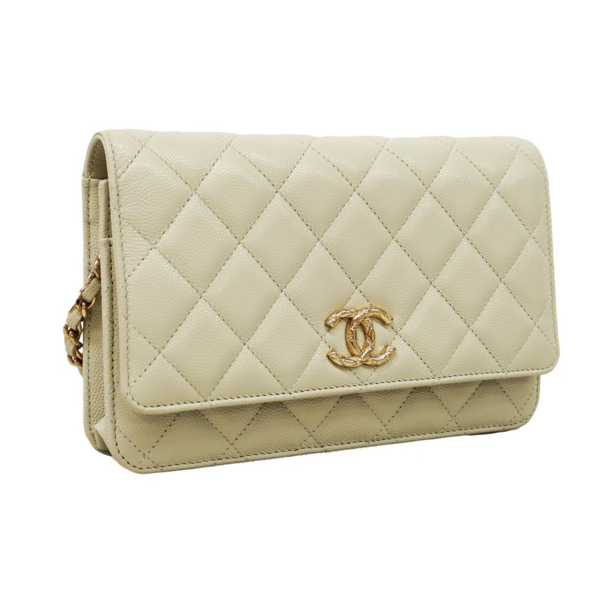 Chanel Shoulder Wallet Matelasse Chain Caviar Skin White Women's