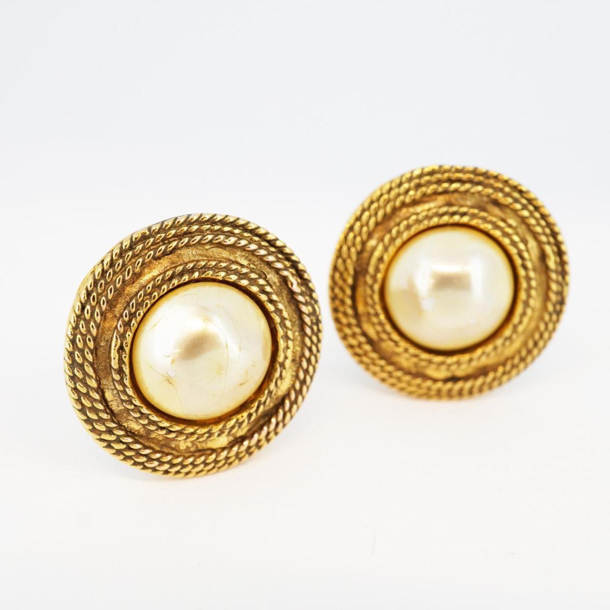 Chanel Earrings Circle Faux Pearl GP Plated Gold Women's