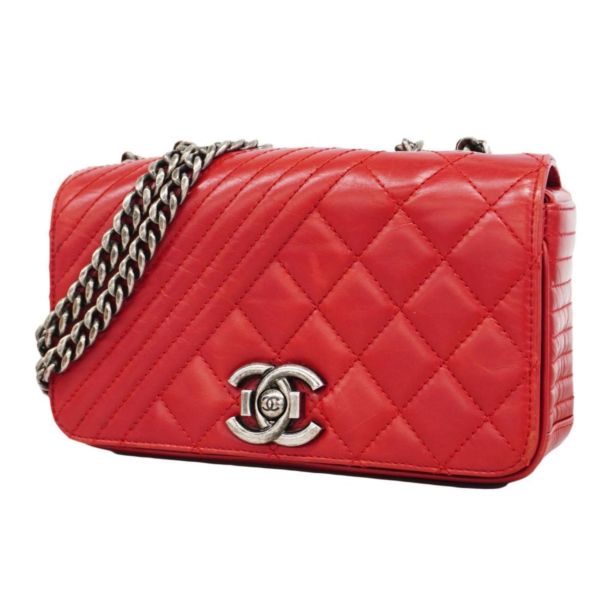 Chanel Shoulder Bag Matelasse Coco Boy W Chain Calfskin Red Women's