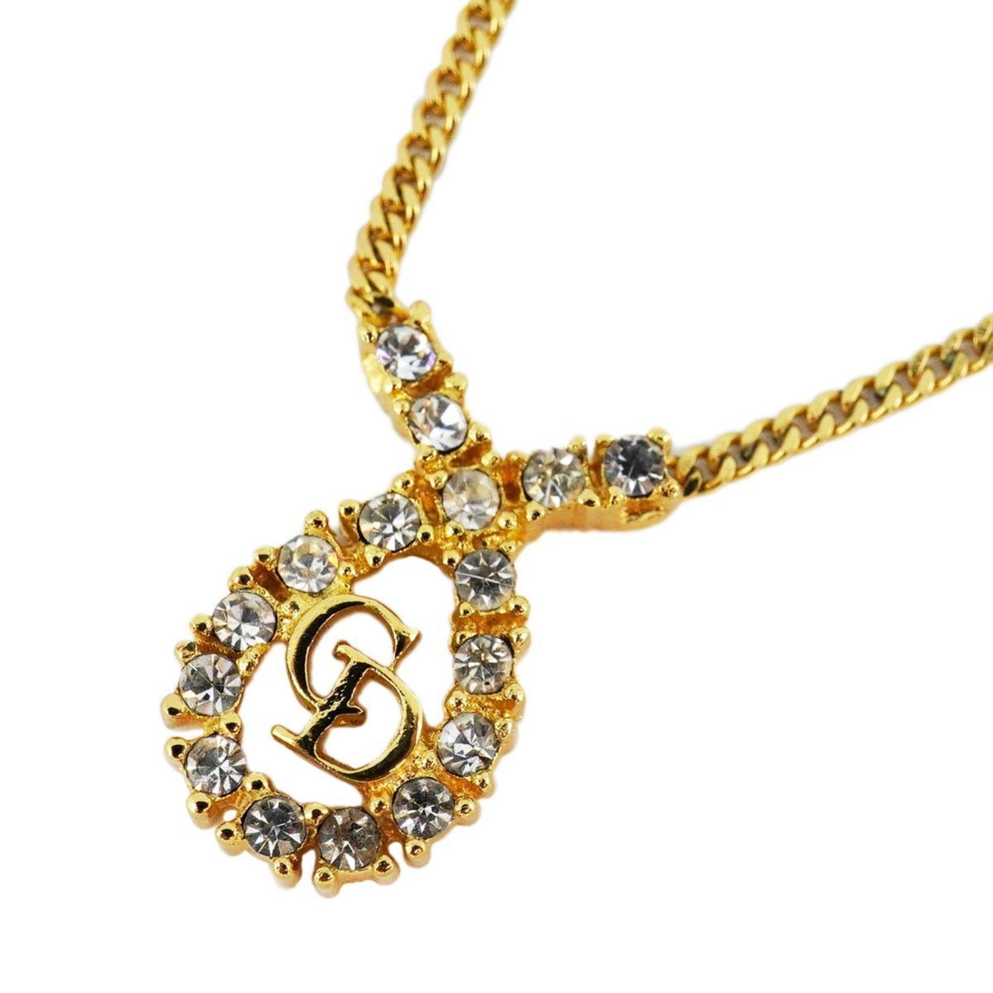 Christian Dior Necklace CD Rhinestone GP Plated Gold Women's