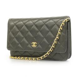 Chanel Shoulder Wallet Matelasse Chain Caviar Skin Black Women's