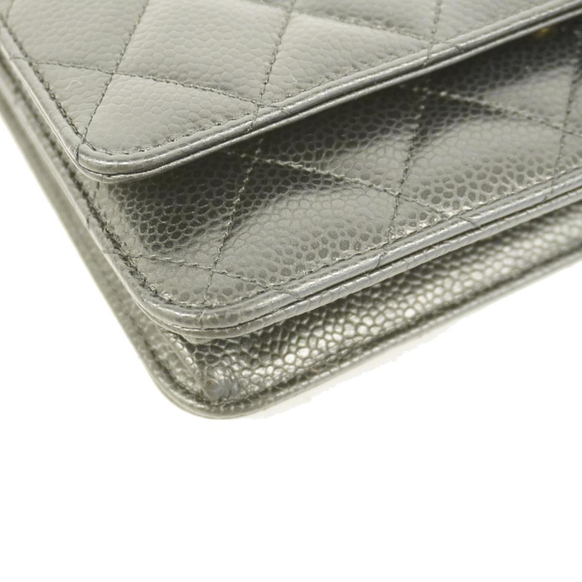 Chanel Shoulder Wallet Matelasse Chain Caviar Skin Black Women's