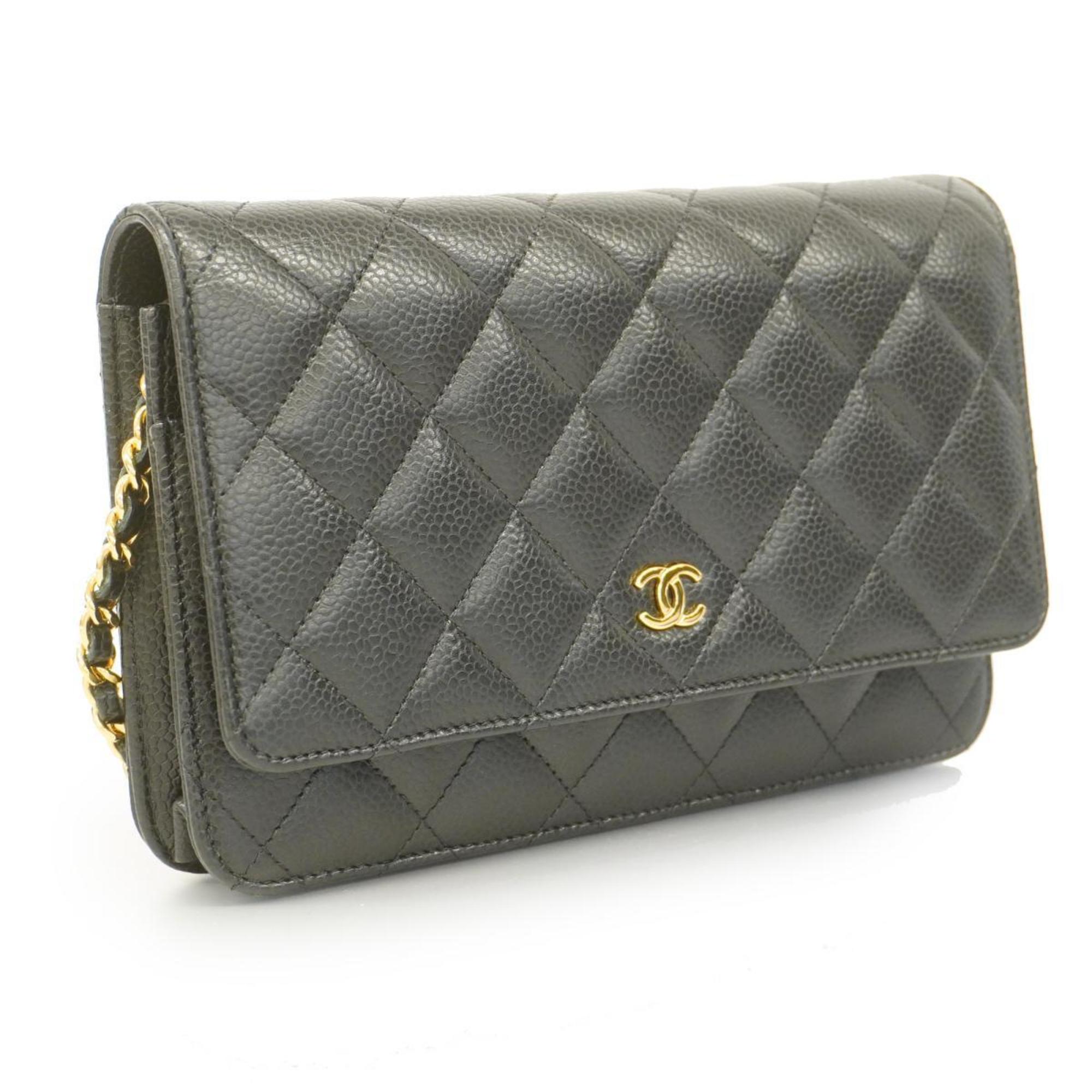 Chanel Shoulder Wallet Matelasse Chain Caviar Skin Black Women's