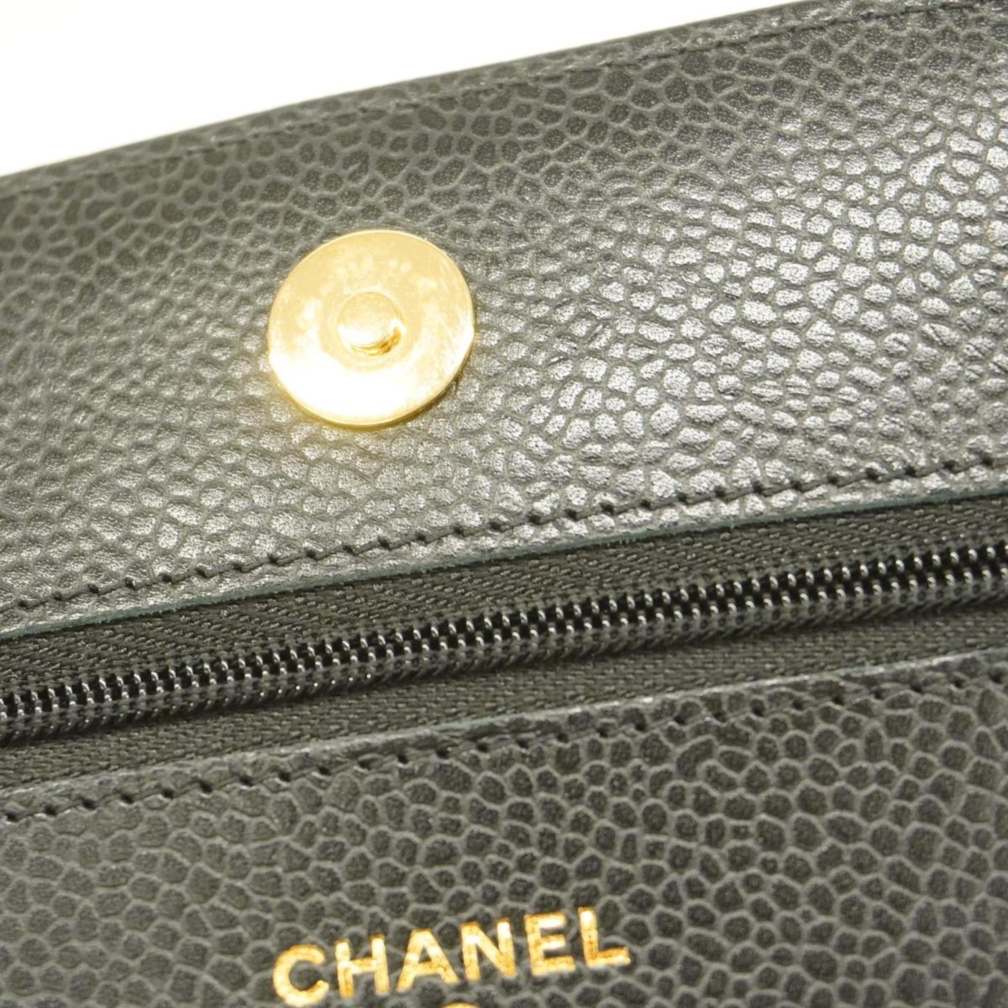 Chanel Shoulder Wallet Matelasse Chain Caviar Skin Black Women's