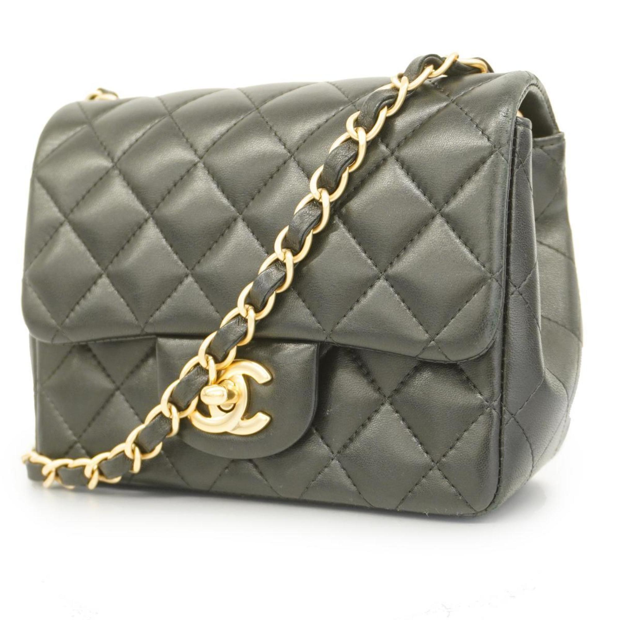 Chanel Shoulder Bag Matelasse Chain Lambskin Black Champagne Women's