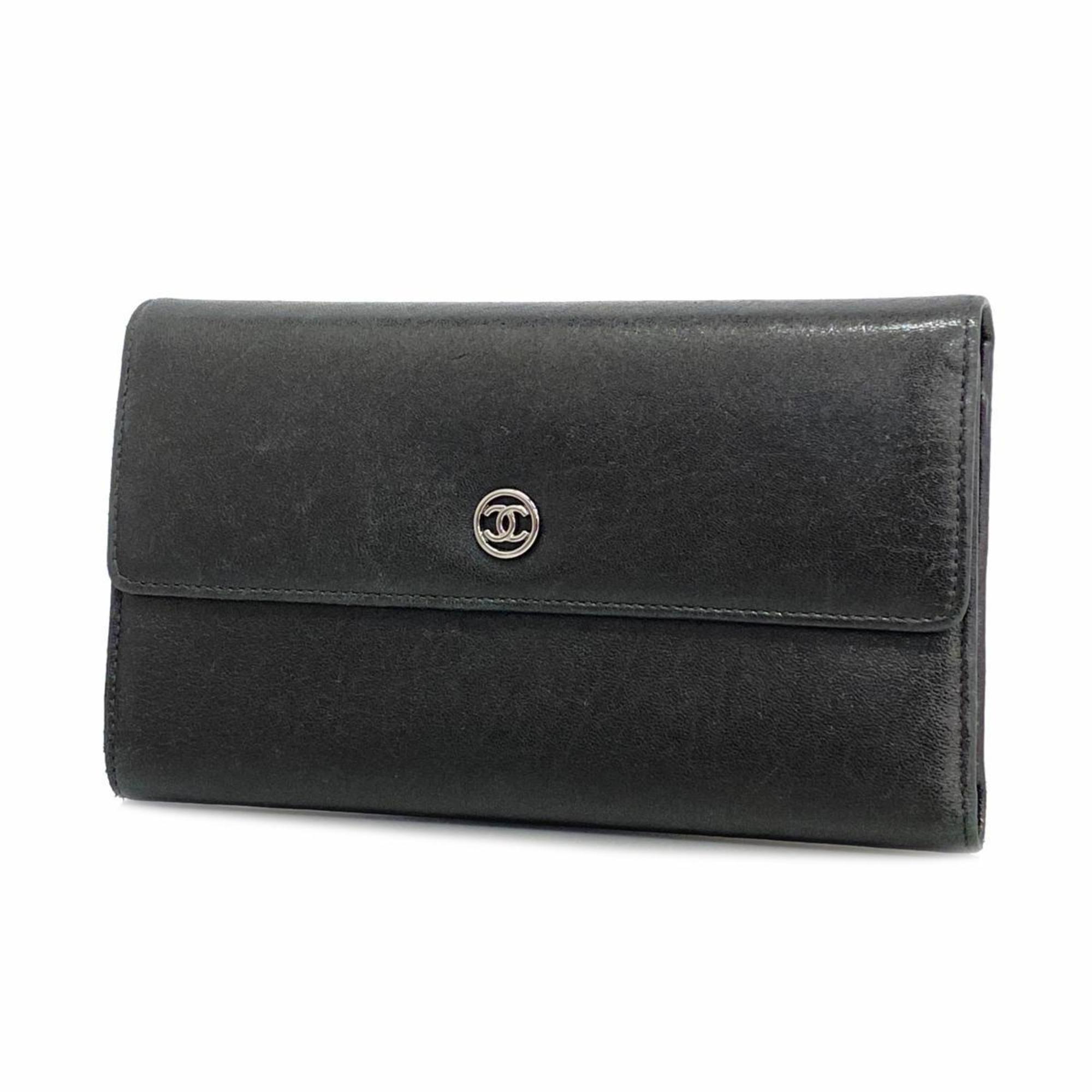 Chanel Tri-fold Long Wallet Leather Black Women's