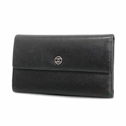 Chanel Tri-fold Long Wallet Leather Black Women's