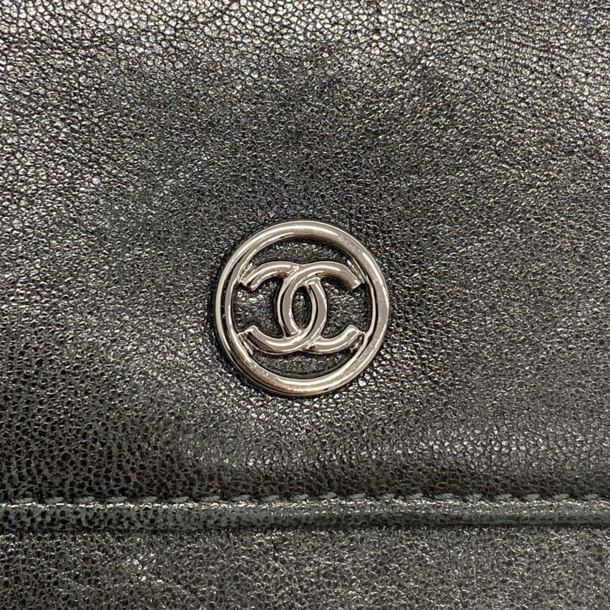 Chanel Tri-fold Long Wallet Leather Black Women's