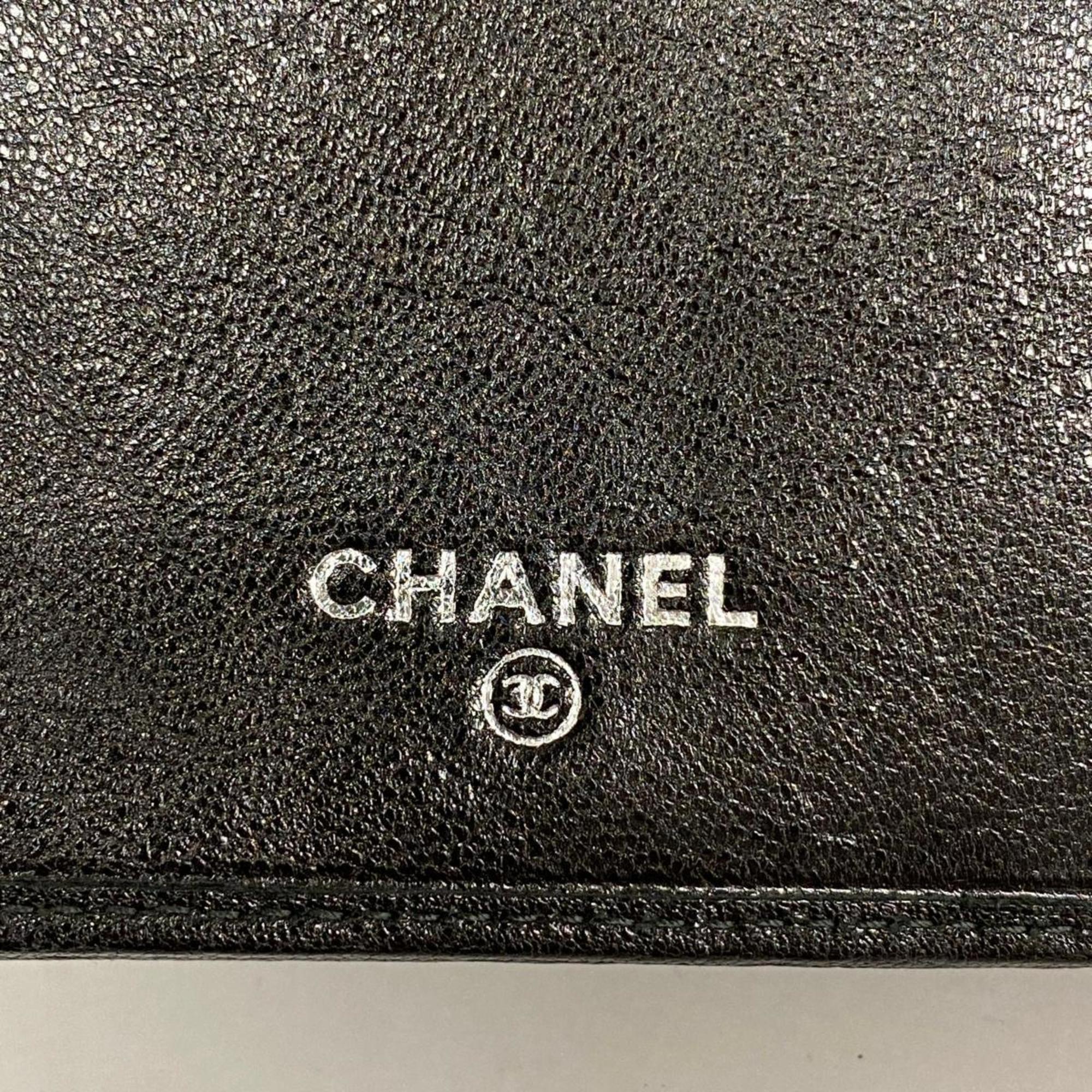 Chanel Tri-fold Long Wallet Leather Black Women's