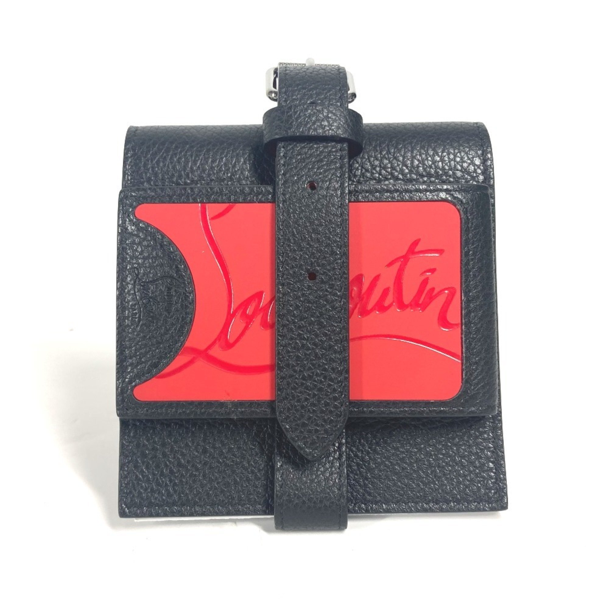 Christian Louboutin Wallet Business Card Holder Pass Case Compact Rubber Sole Belt Bi-fold Holder/Card Leather Men's Black