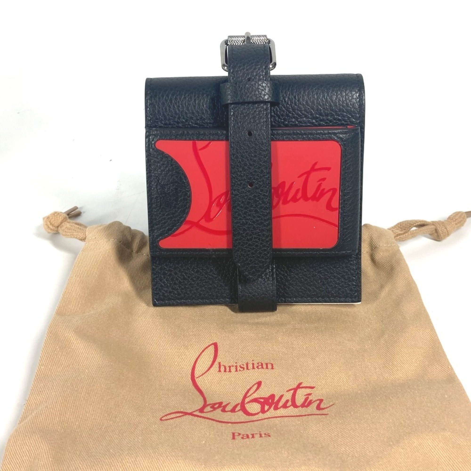 Christian Louboutin Wallet Business Card Holder Pass Case Compact Rubber Sole Belt Bi-fold Holder/Card Leather Men's Black